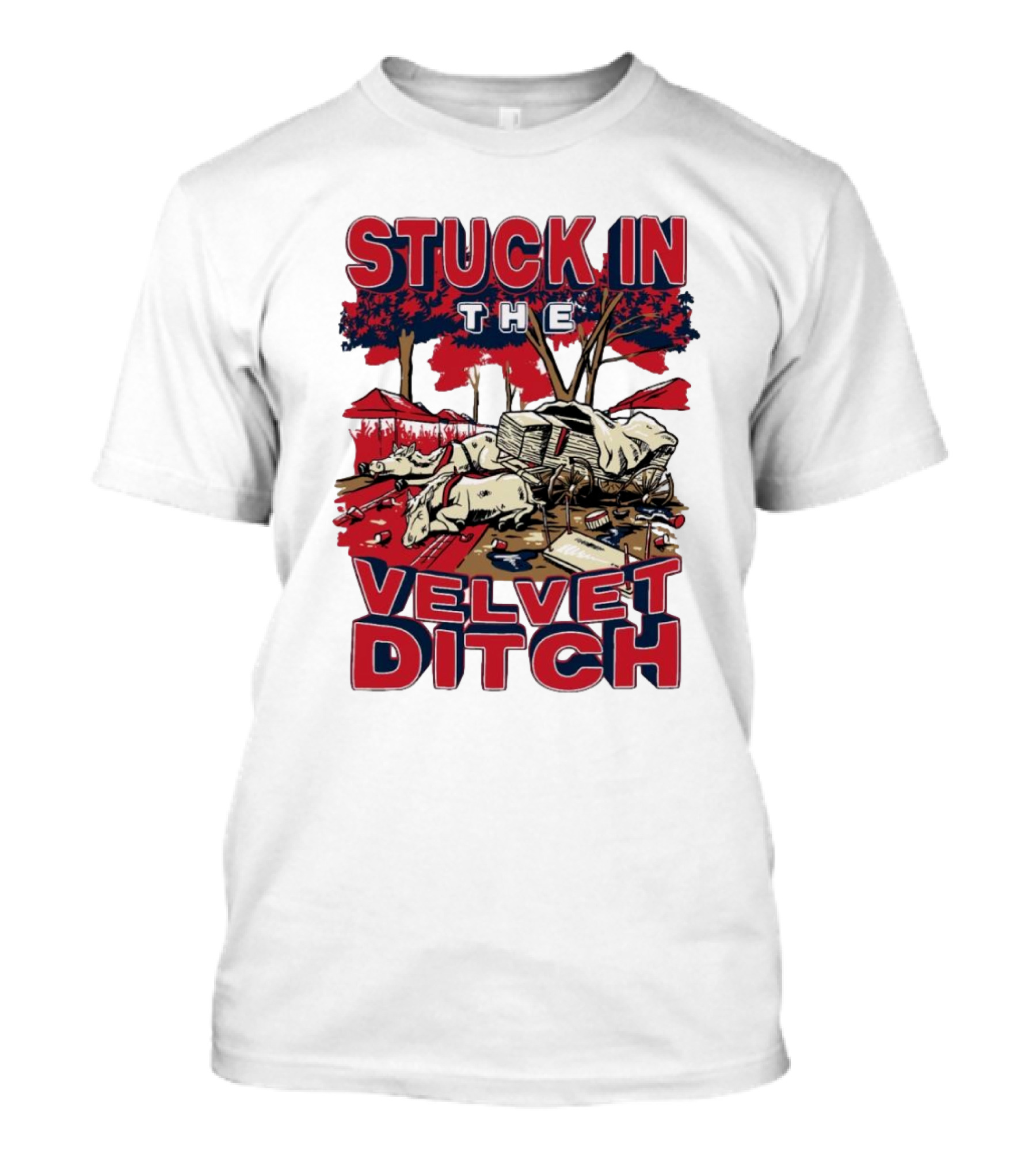 Stuck In The Velvet Ditch Ole Miss Rebels Wagon Red Blue Trees T-Shirt