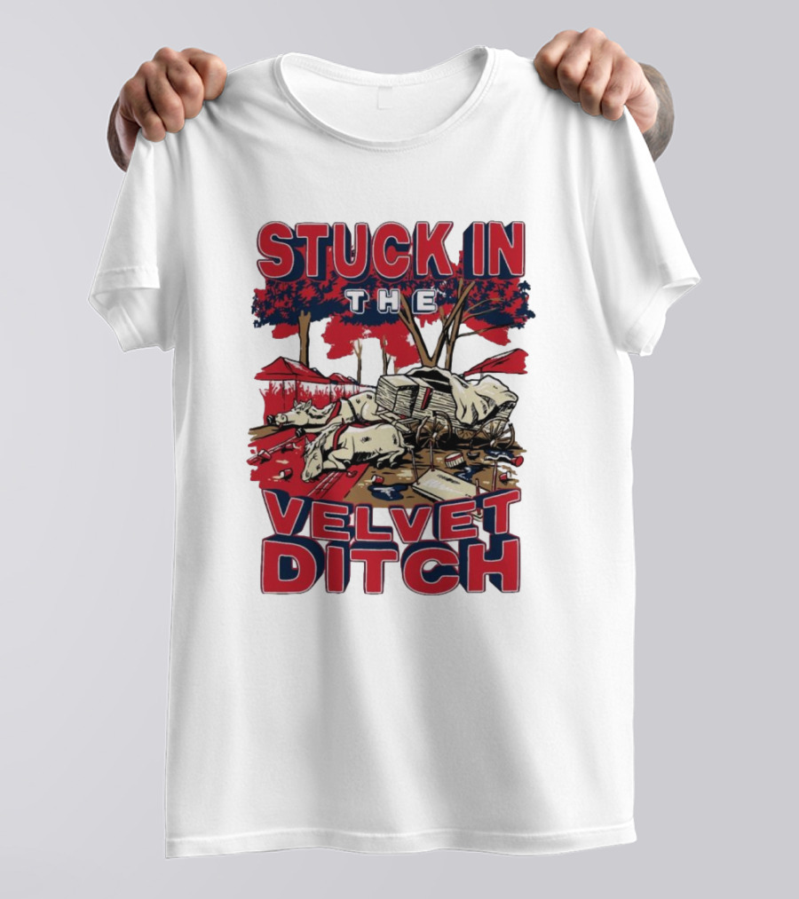 Stuck In The Velvet Ditch Ole Miss Rebels Wagon Red Blue Trees T-Shirt