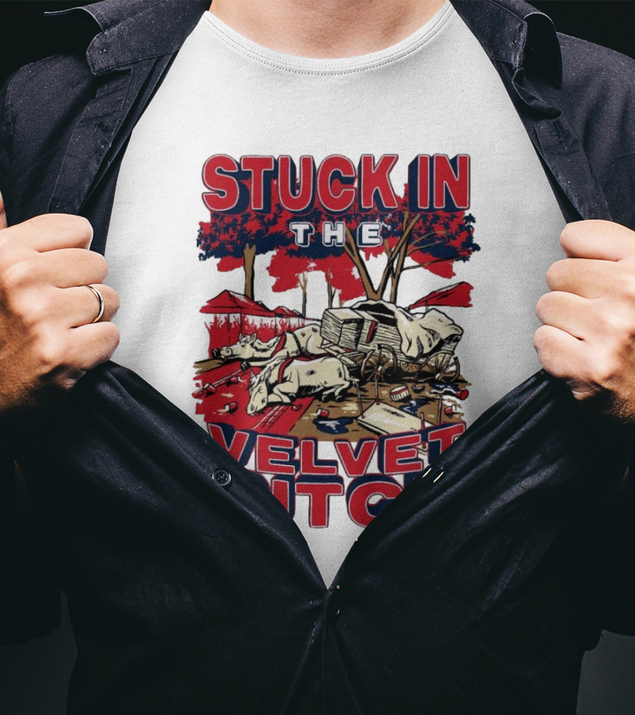 Stuck In The Velvet Ditch Ole Miss Rebels Wagon Red Blue Trees T-Shirt