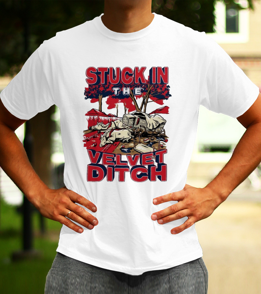 Stuck In The Velvet Ditch Ole Miss Rebels Wagon Red Blue Trees T-Shirt