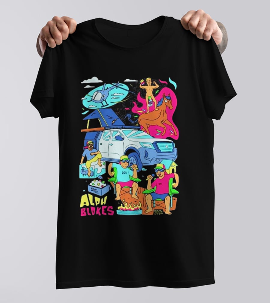 Alpha Blokes Podcast Cartoon Adventure Helicopter Beer Camping Fire T-Shirt
