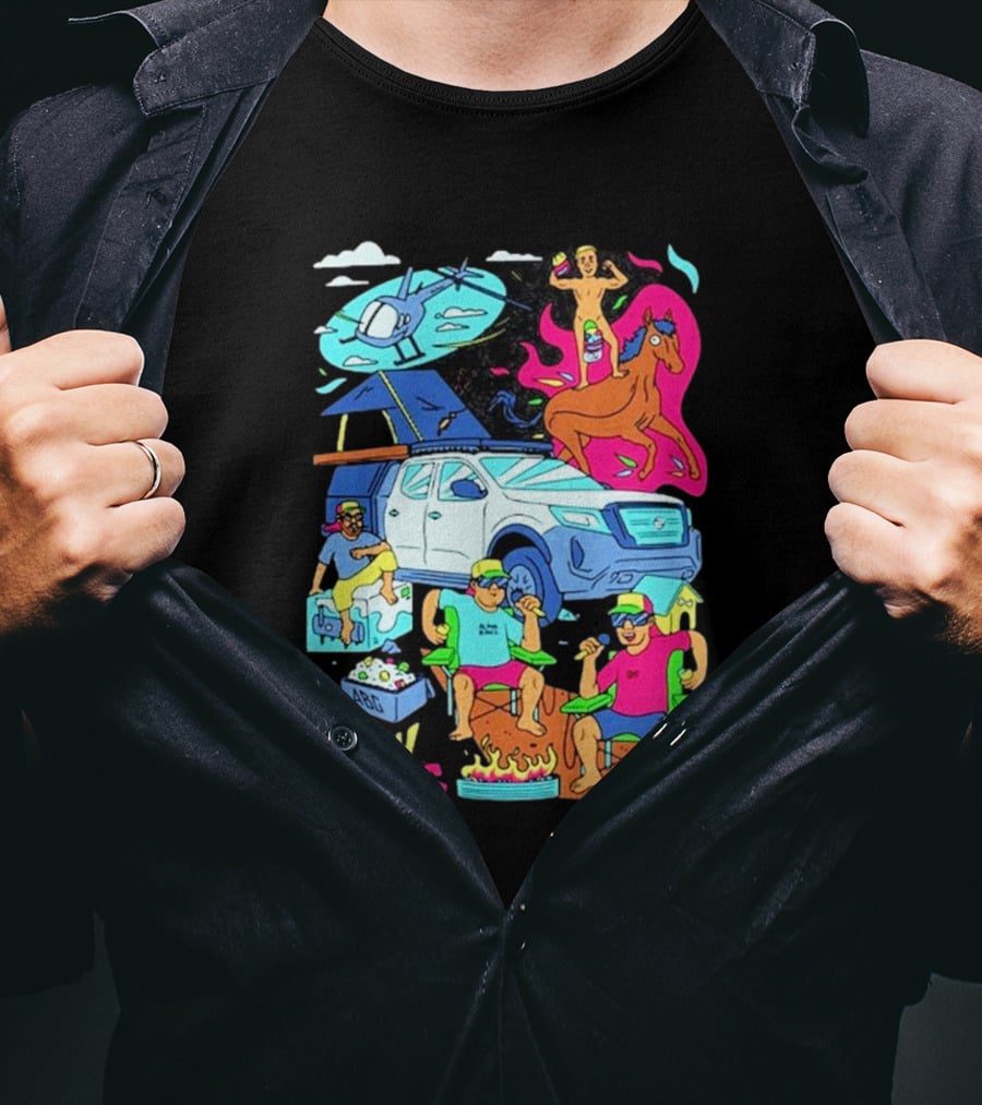 Alpha Blokes Podcast Cartoon Adventure Helicopter Beer Camping Fire T-Shirt