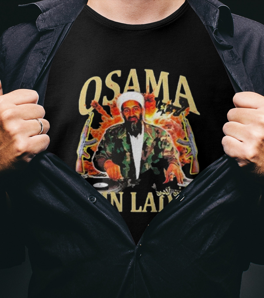 Osama Spin Laden DJ Guns Arabic Text T-Shirt