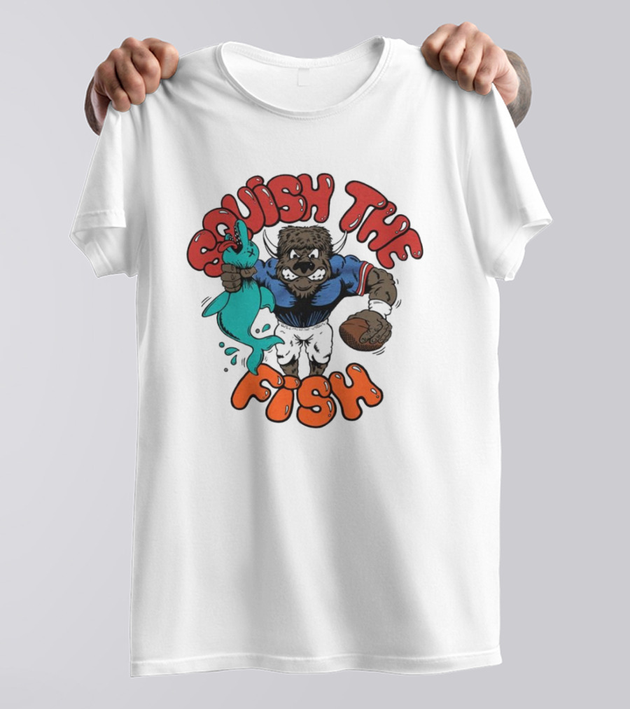 Buffalo Bills NFL Squish The Fish Vintage Rivalry Graphic Featuring Cartoon Football Player And Fish T-Shirt