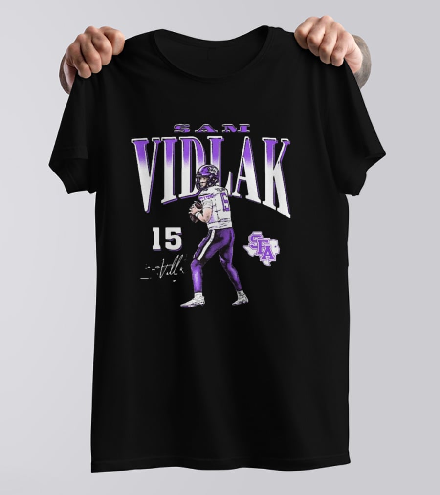 Sam Vidlak 15 SFA Stephen F. Austin Lumberjacks Football Cartoon Signature T-Shirt