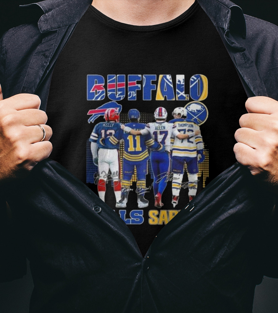 Buffalo Bills Sabres Josh Allen Jim Kelly Gilbert Perreault Tage Thompson Signatures T-Shirt
