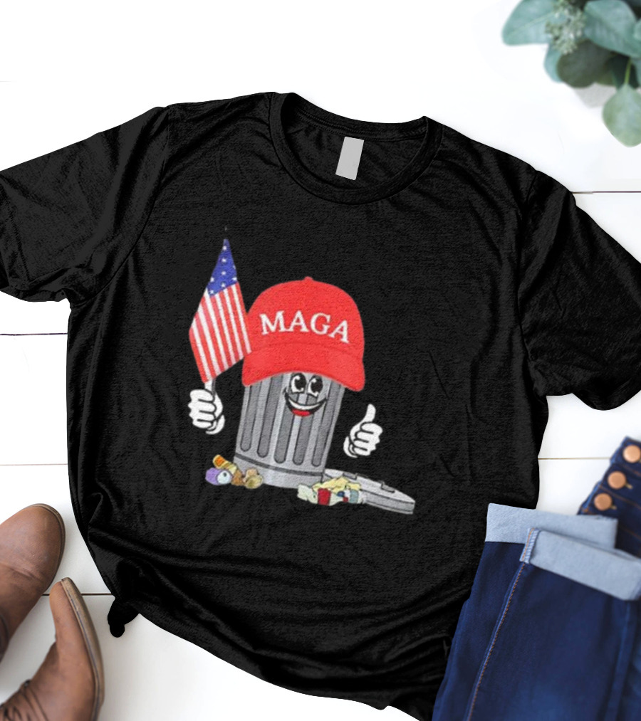 MAGA Hat Wearing Garbage Can Giving Thumbs Up Holding American Flag T-Shirt