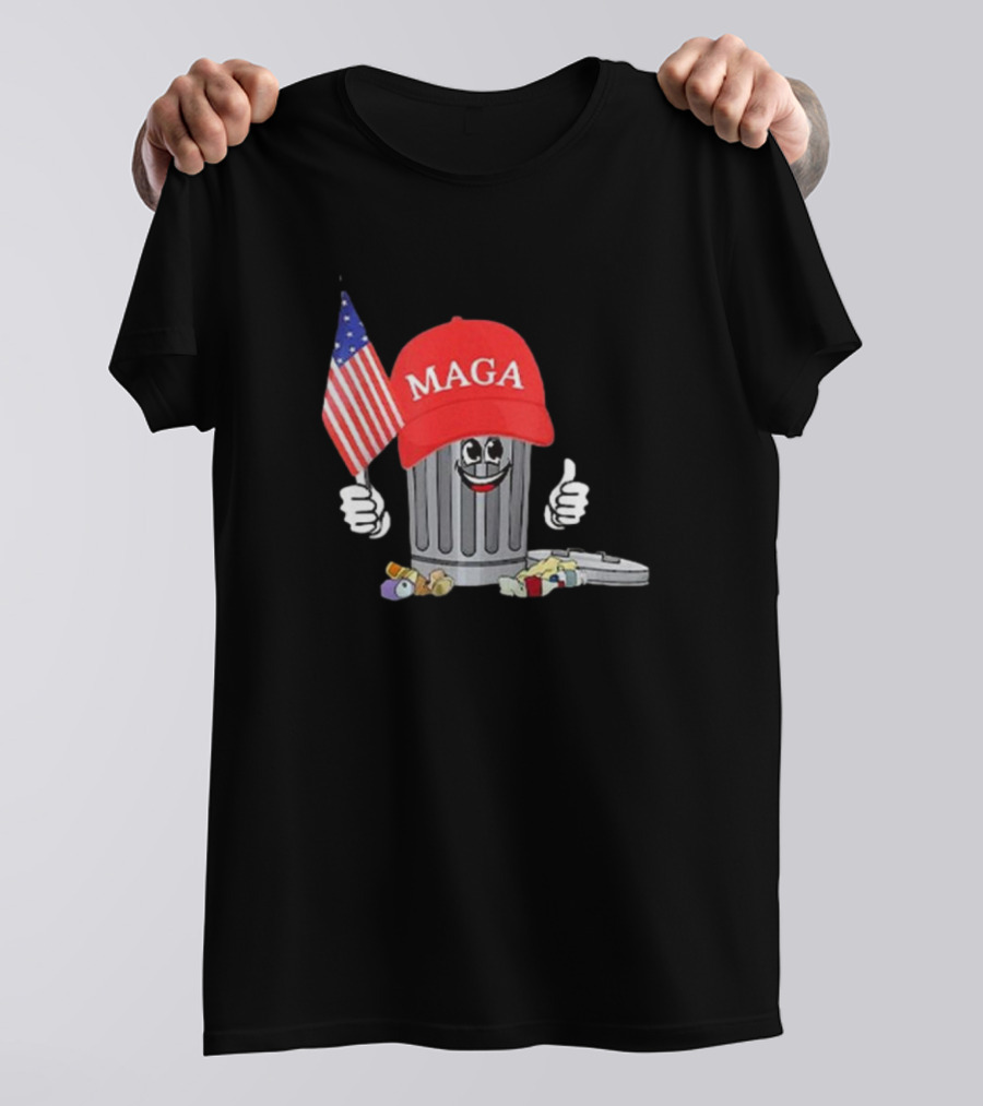 MAGA Hat Wearing Garbage Can Giving Thumbs Up Holding American Flag T-Shirt