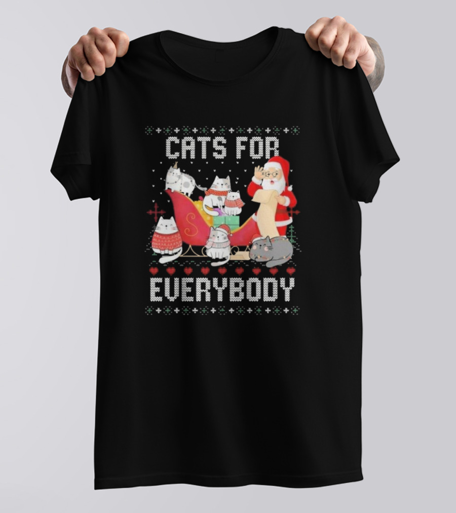 Cats For Everybody Christmas Ugly Cute Cat Lover Santa Sleigh Pullover T-Shirt