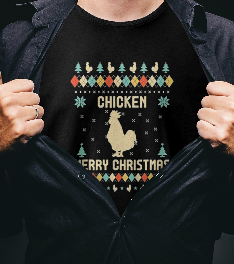 Chicken Merry Christmas Rooster Ugly Christmas Sweater Holiday Trees T-Shirt