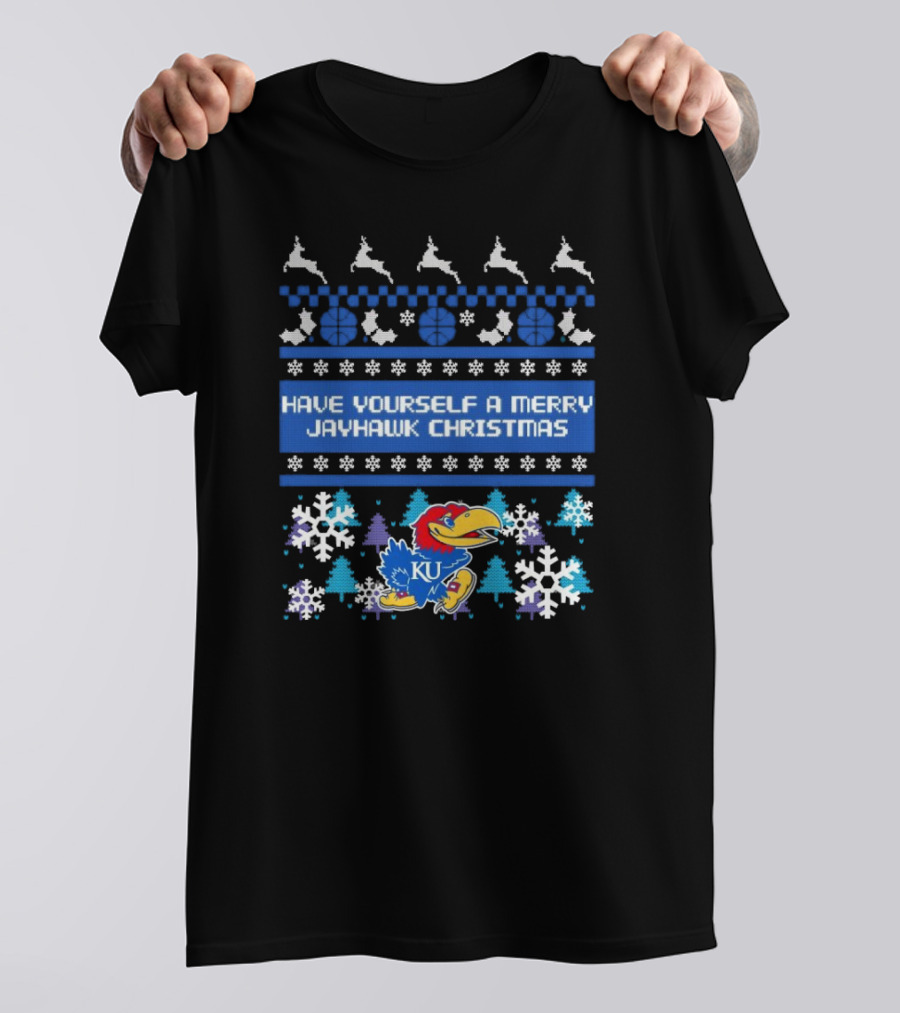 Kansas Jayhawk Have Yourself A Merry Jayhawk Christmas KU Snowflakes Basketball Reindeer T-Shirt