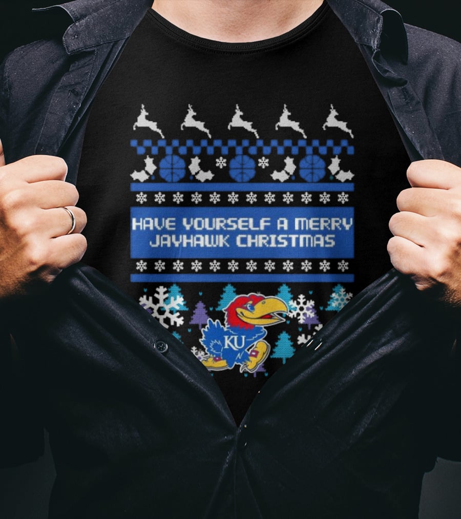 Kansas Jayhawk Have Yourself A Merry Jayhawk Christmas KU Snowflakes Basketball Reindeer T-Shirt