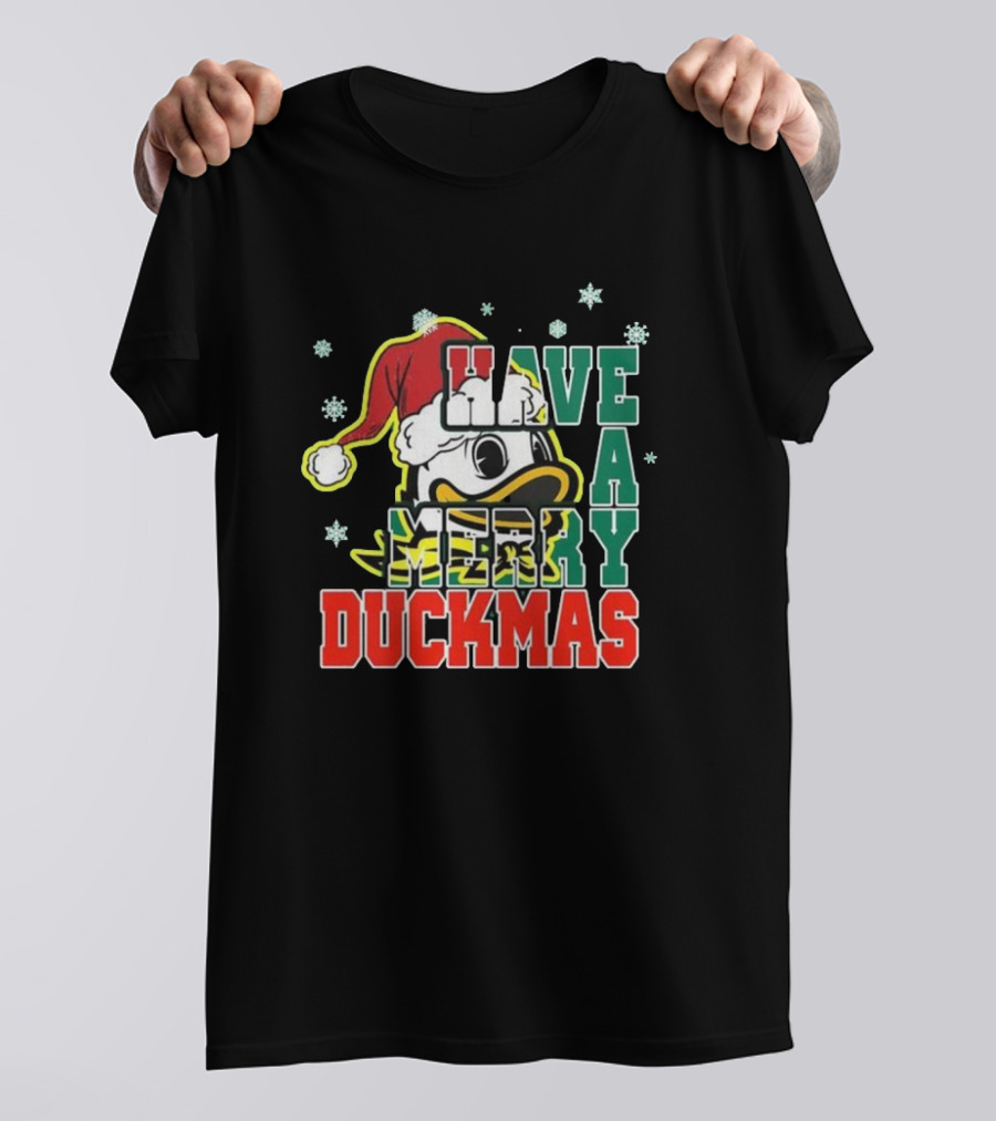 Oregon Ducks Have A Merry Duckmas Santa Hat Logo Snowflakes T-Shirt