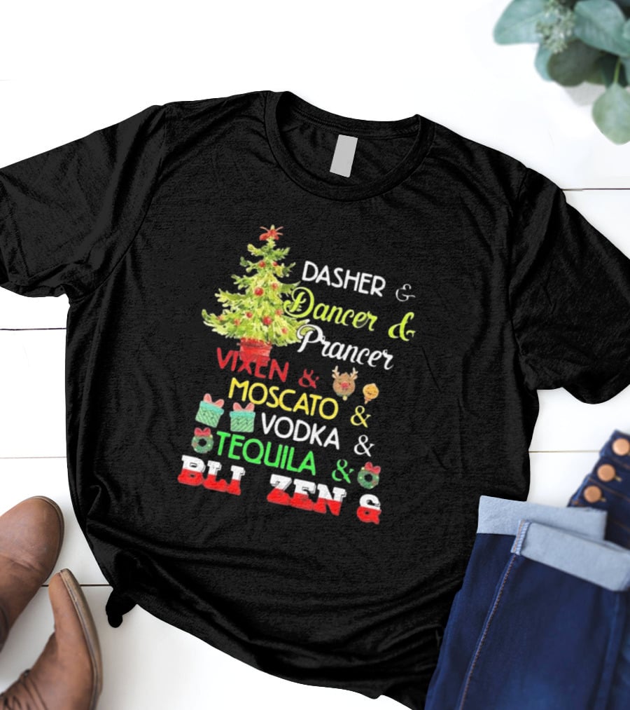Dasher Dancer Prancer Vixen Moscato Vodka Tequila Blitzen Christmas T-Shirt