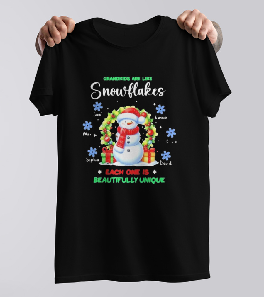 Grandkids Are Like Snowflakes Each One Is Beautifully Unique Christmas Personalized Names Snowman Wreath T-Shirt