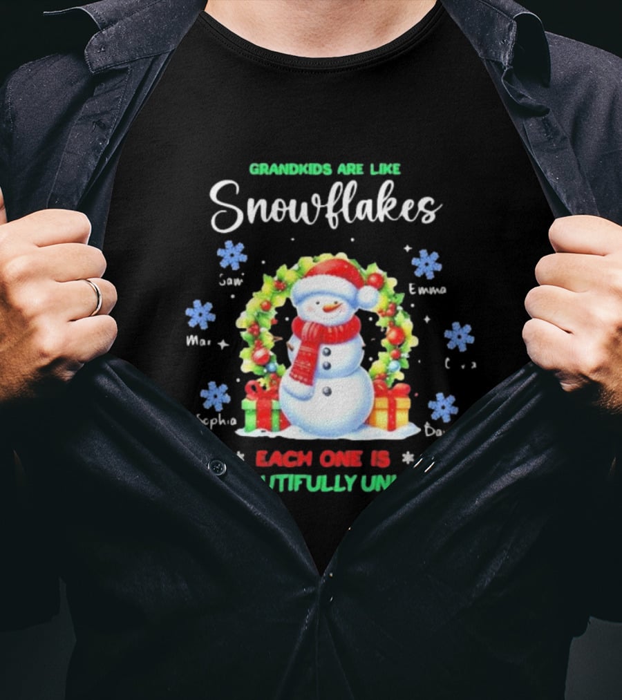 Grandkids Are Like Snowflakes Each One Is Beautifully Unique Christmas Personalized Names Snowman Wreath T-Shirt