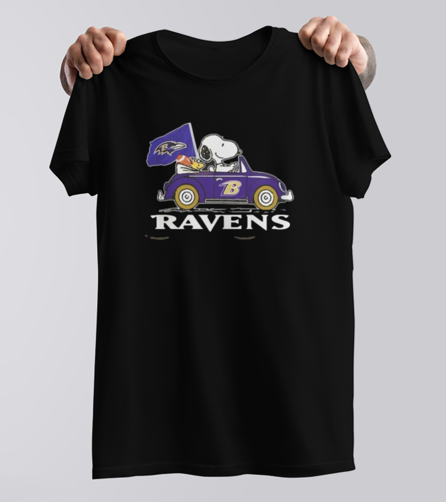 Snoopy Woodstock Driving Baltimore Ravens Car T-Shirt