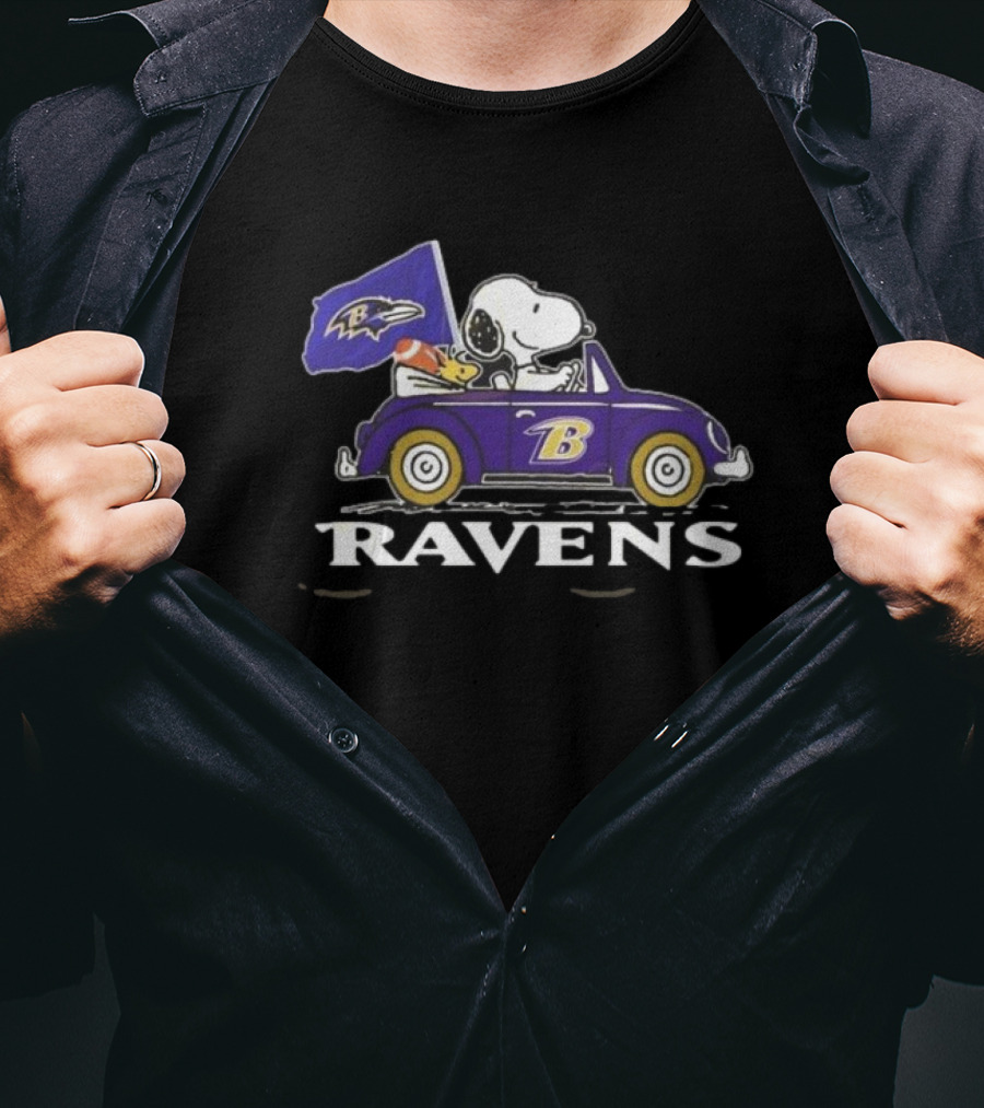 Snoopy Woodstock Driving Baltimore Ravens Car T-Shirt
