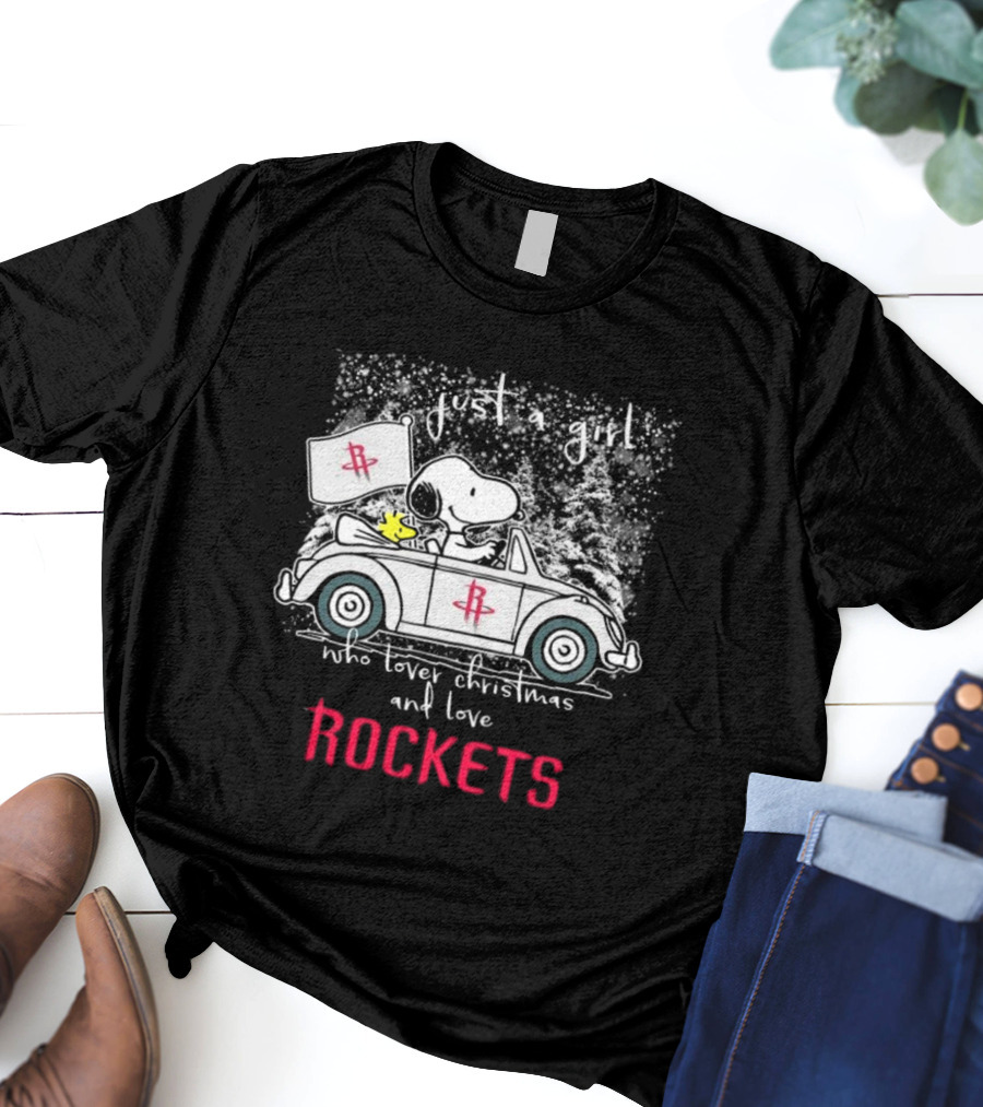 Just A Girl Who Loves Christmas And Houston Rockets Snoopy Woodstock Peanuts NBA T-Shirt
