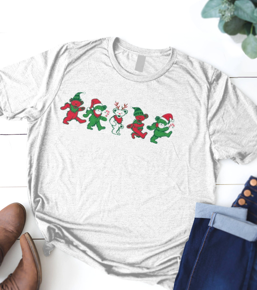 Grateful Dead Dancing Bears Christmas Santa Hats And Reindeer T-Shirt