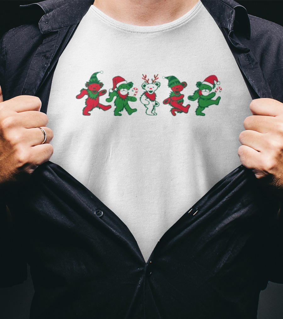 Grateful Dead Dancing Bears Christmas Santa Hats And Reindeer T-Shirt