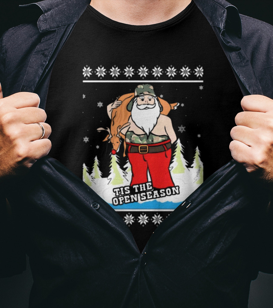 Hunting Santa Tis The Open Season Camouflage Ugly Christmas Sweaters T-Shirt
