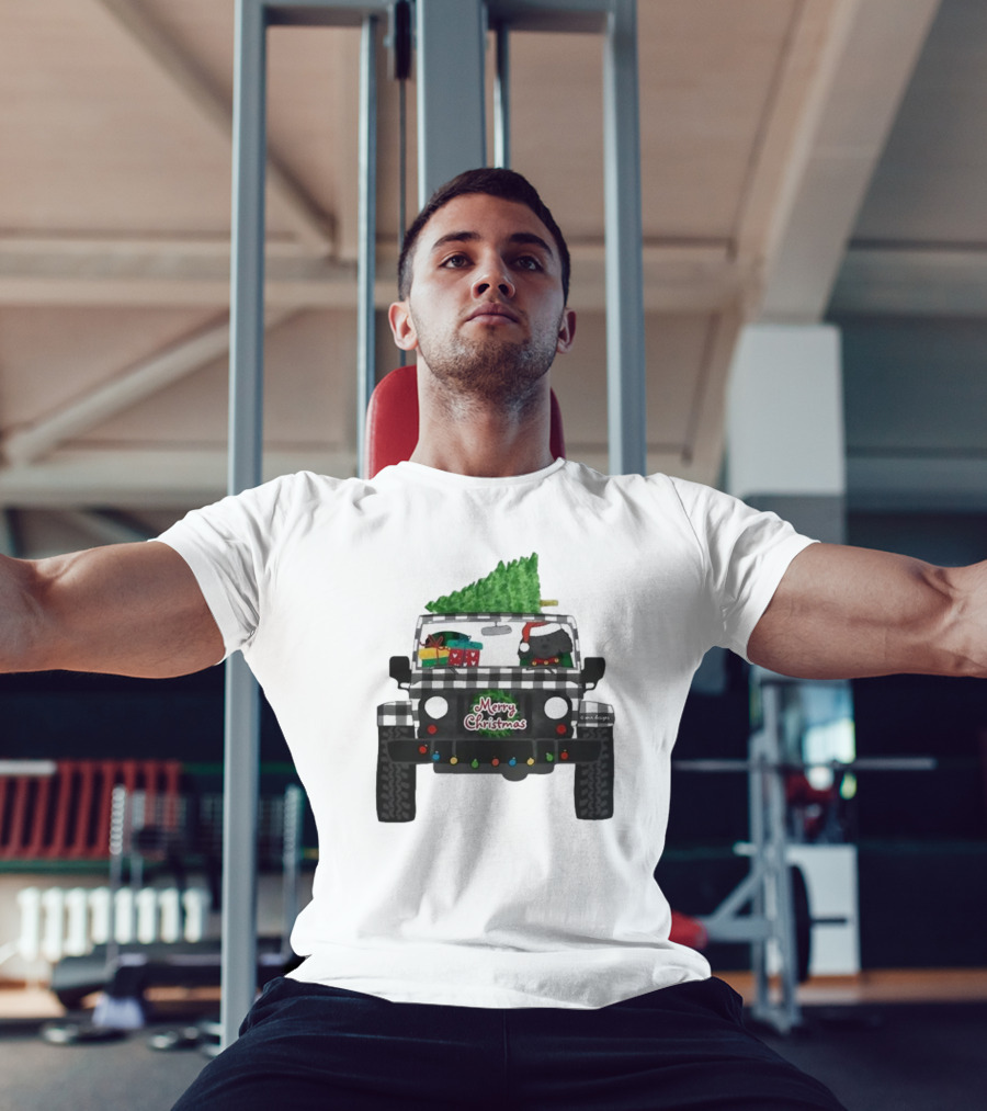 Merry Christmas Black Buffalo Plaid Jeep With Cartoon Labradoodle And Tree T-Shirt