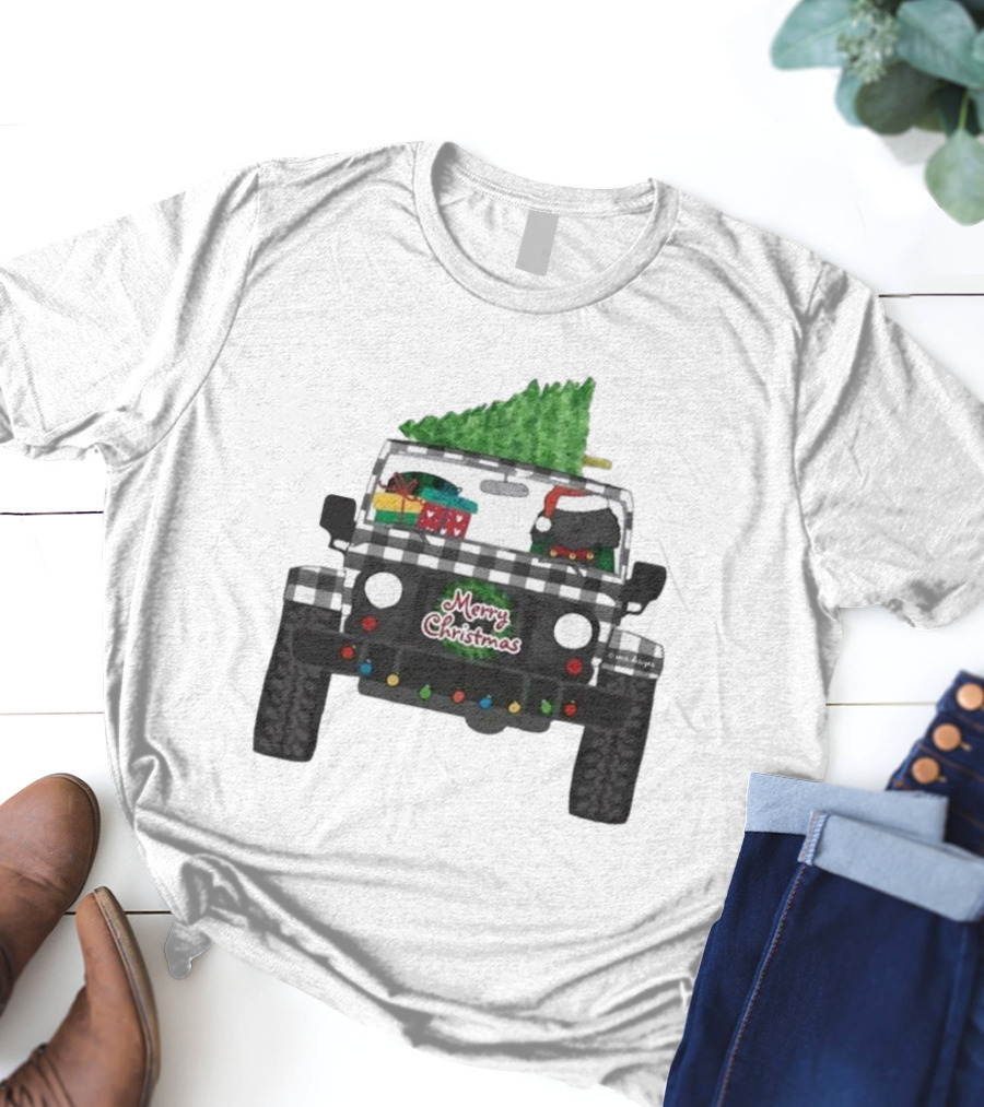 Merry Christmas Black Buffalo Plaid Jeep With Cartoon Labradoodle And Tree T-Shirt