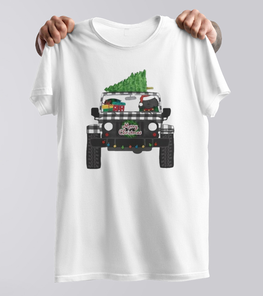 Merry Christmas Black Buffalo Plaid Jeep With Cartoon Labradoodle And Tree T-Shirt