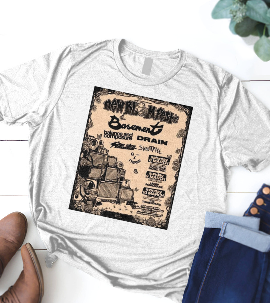 New Bloom Fest 2025 Basement Balance And Composure Drain Turnover Live Concert March 8-10 T-Shirt