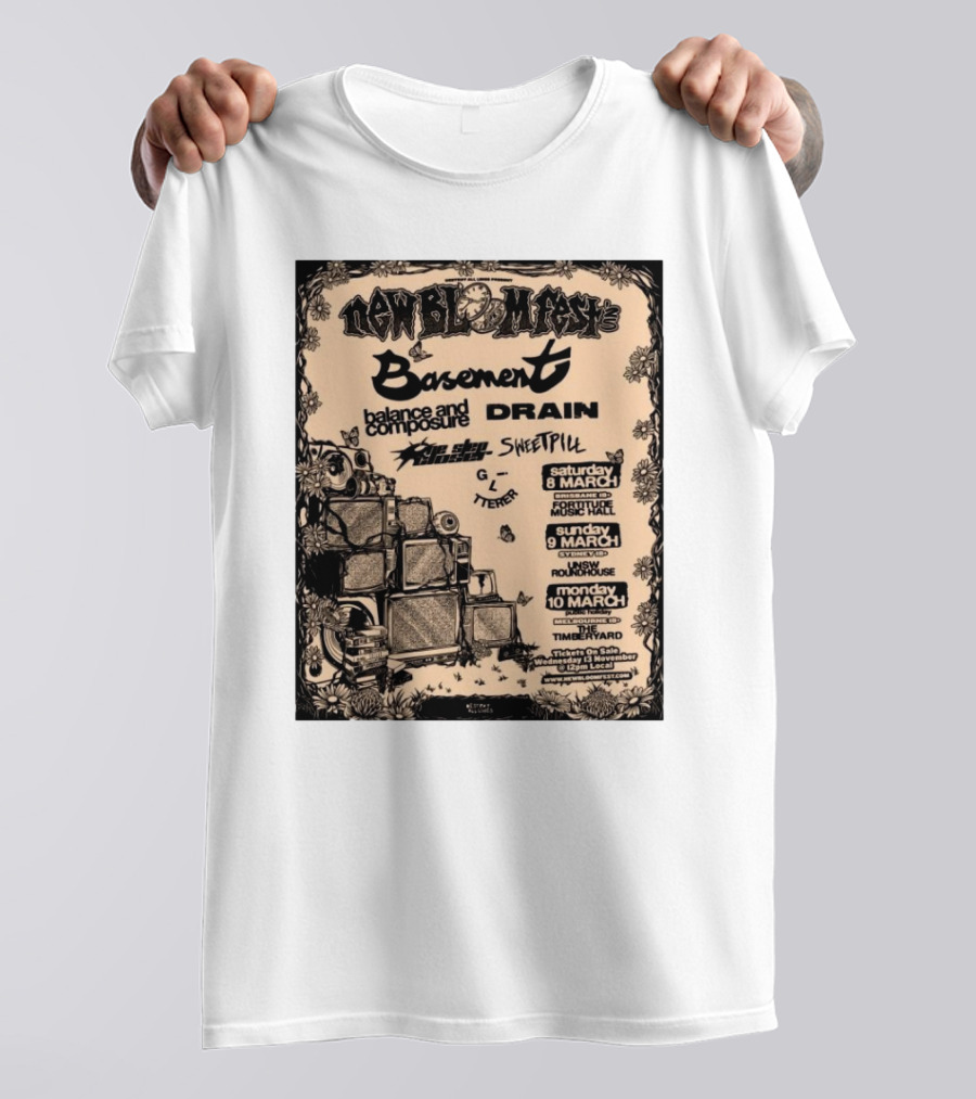 New Bloom Fest 2025 Basement Balance And Composure Drain Turnover Live Concert March 8-10 T-Shirt