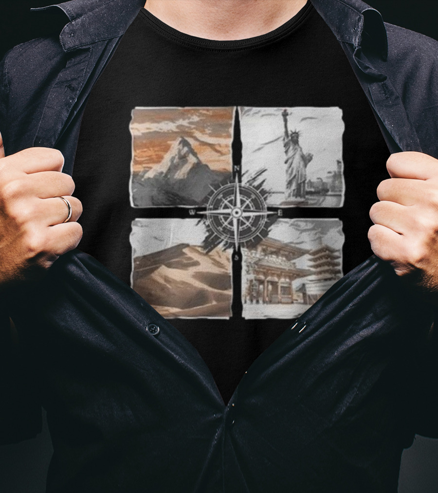 Dads Being Dudes Live Your Life Vintage Mountain Dunes Statue Of Liberty Pagoda Compass T-Shirt