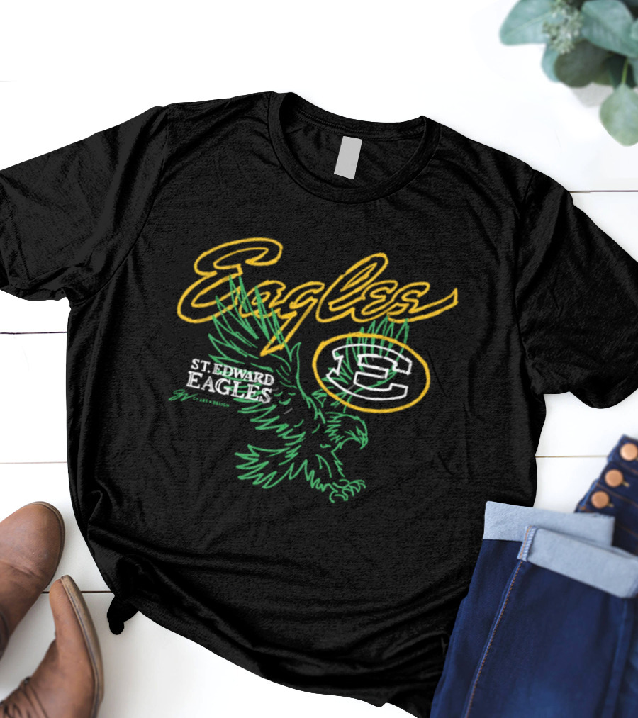 St. Edward Eagles Basketball Yellow Outline And Green Eagle Emblem T-Shirt