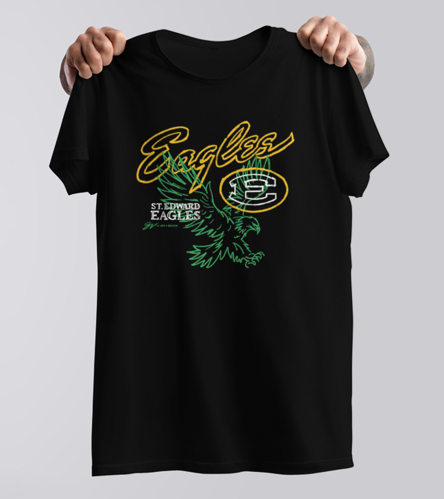 St. Edward Eagles Basketball Yellow Outline And Green Eagle Emblem T-Shirt