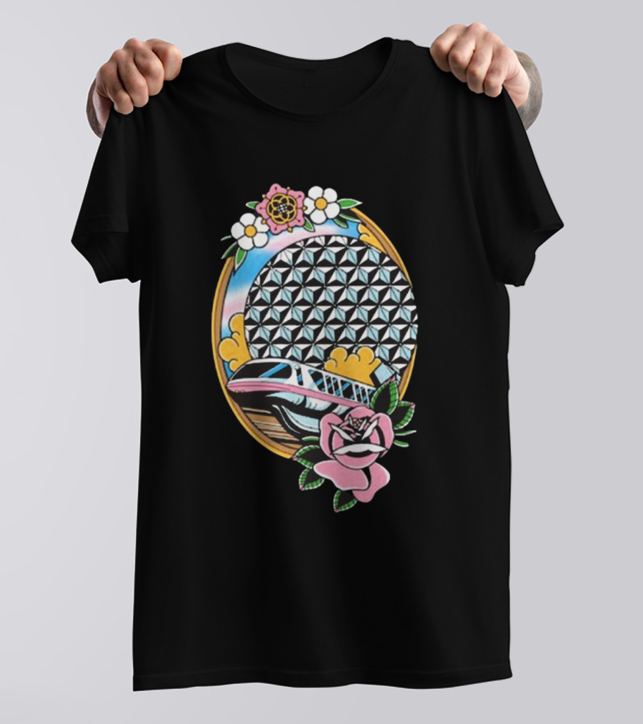 The Lost Bros Monorail Spaceship Earth Tattoo Style Floral T-Shirt