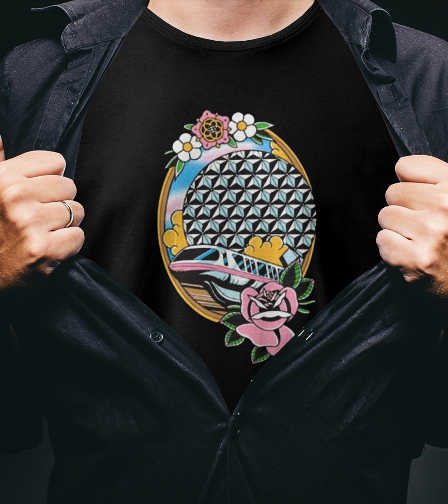 The Lost Bros Monorail Spaceship Earth Tattoo Style Floral T-Shirt