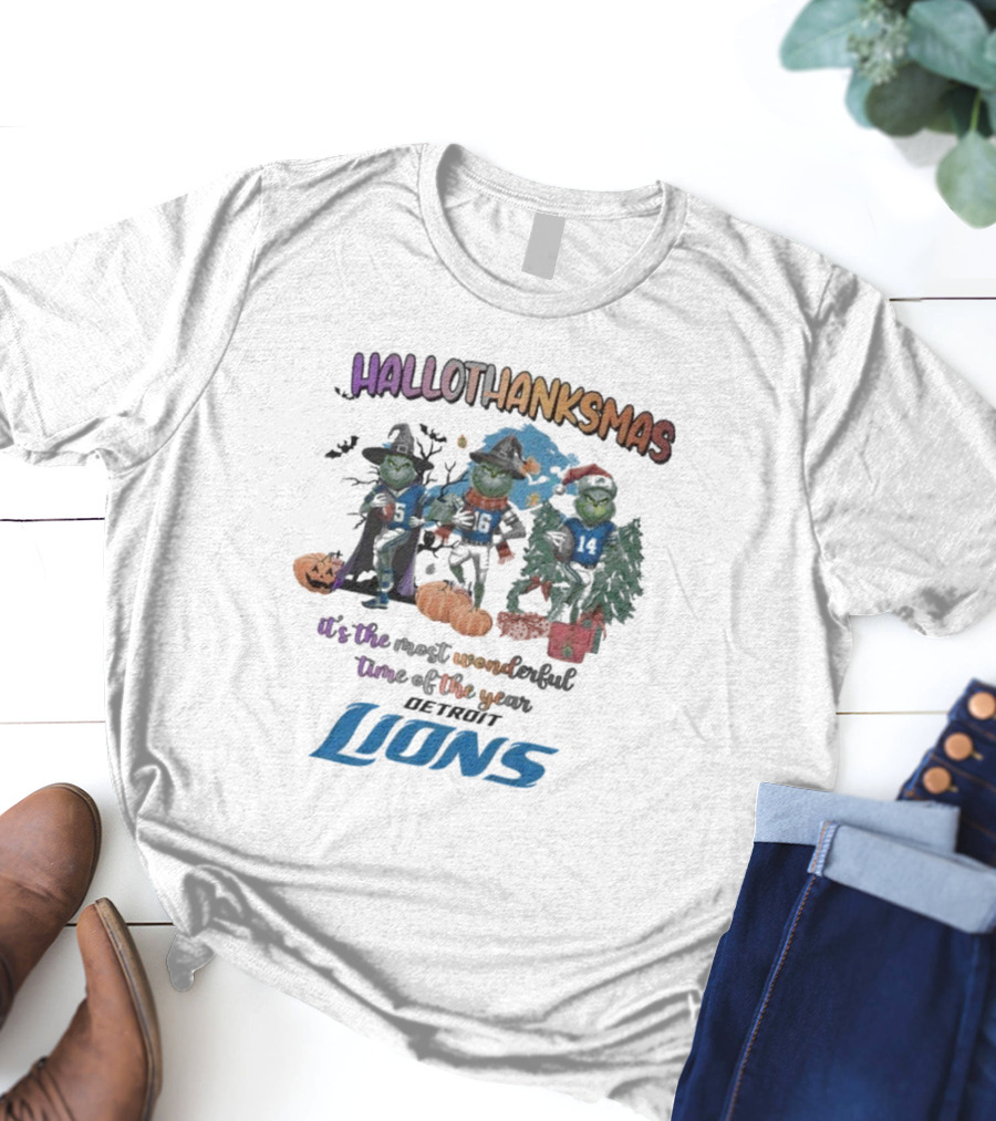 Detroit Lions Hallothanksmas Grinch It's The Most Wonderful Time Of The Year T-Shirt