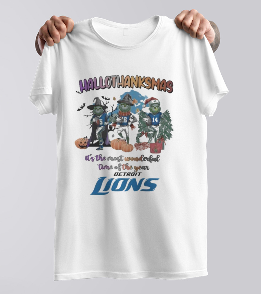 Detroit Lions Hallothanksmas Grinch It's The Most Wonderful Time Of The Year T-Shirt