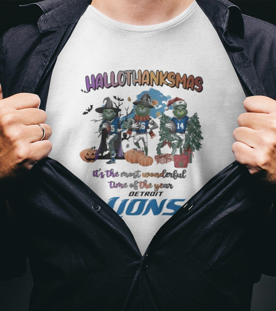 Detroit Lions Hallothanksmas Grinch It's The Most Wonderful Time Of The Year T-Shirt