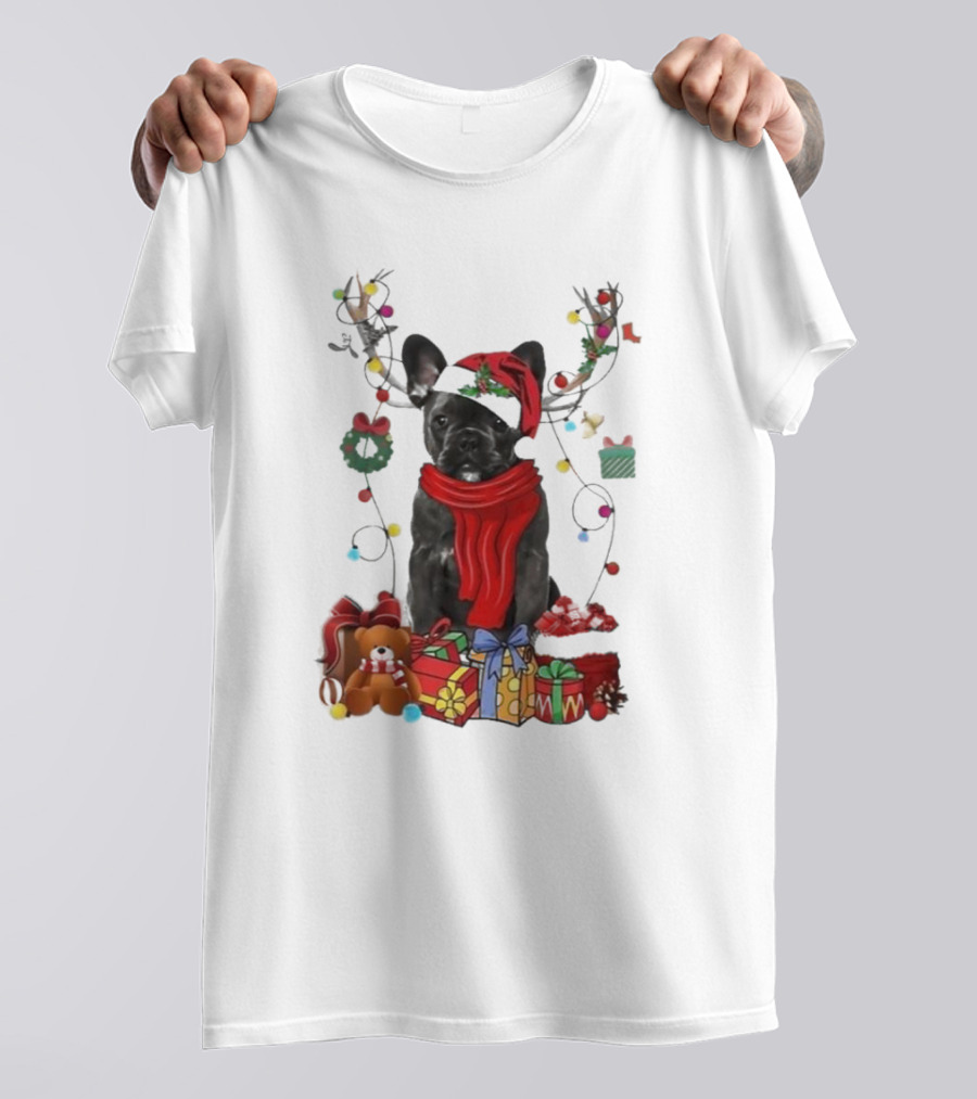 French Bulldog Reindeer Christmas Lights Merry Christmas Wreath Gifts T-Shirt