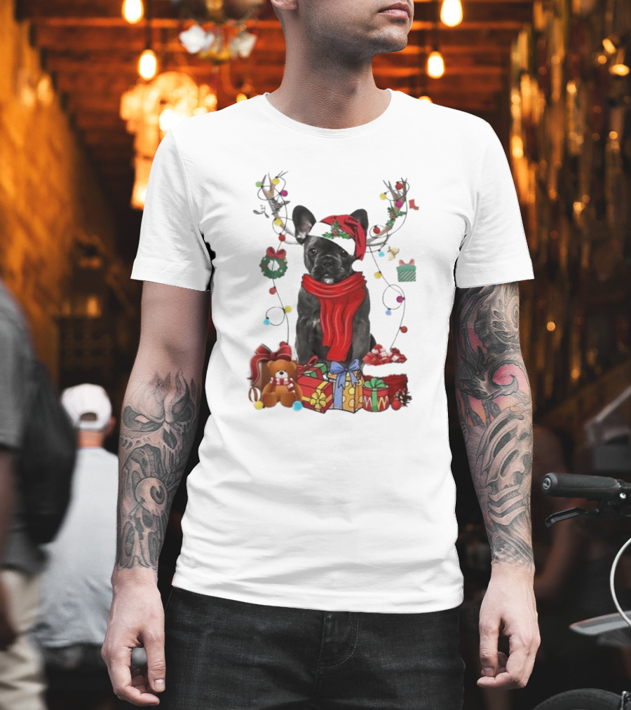 French Bulldog Reindeer Christmas Lights Merry Christmas Wreath Gifts T-Shirt