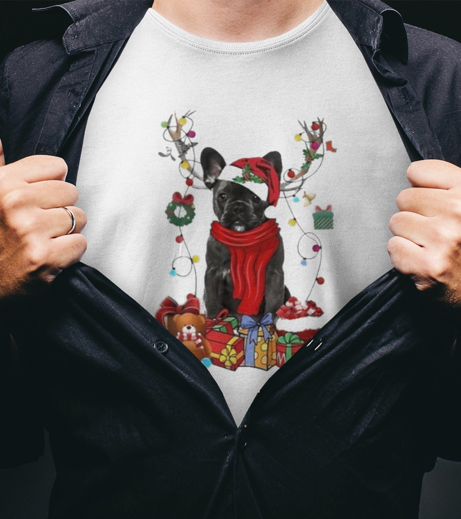 French Bulldog Reindeer Christmas Lights Merry Christmas Wreath Gifts T-Shirt