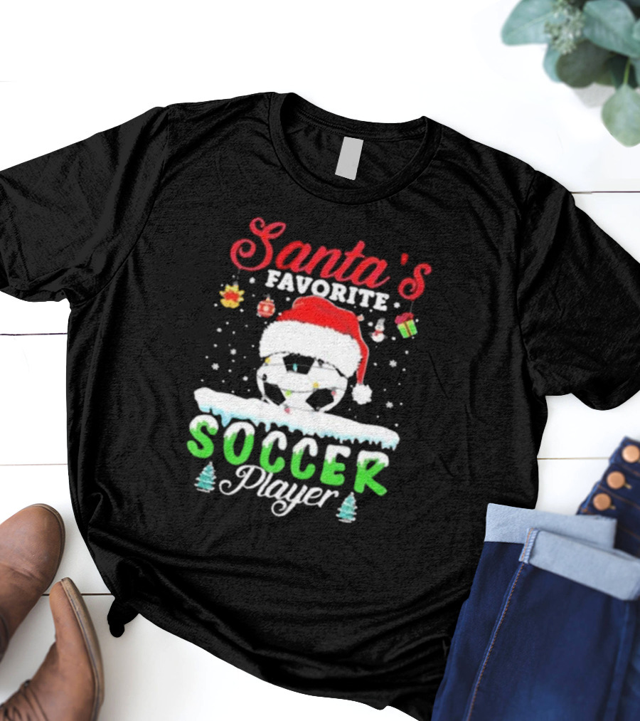 Santa's Favorite Soccer Player Christmas Football Soccer Ball Santa Hat Snowflakes T-Shirt