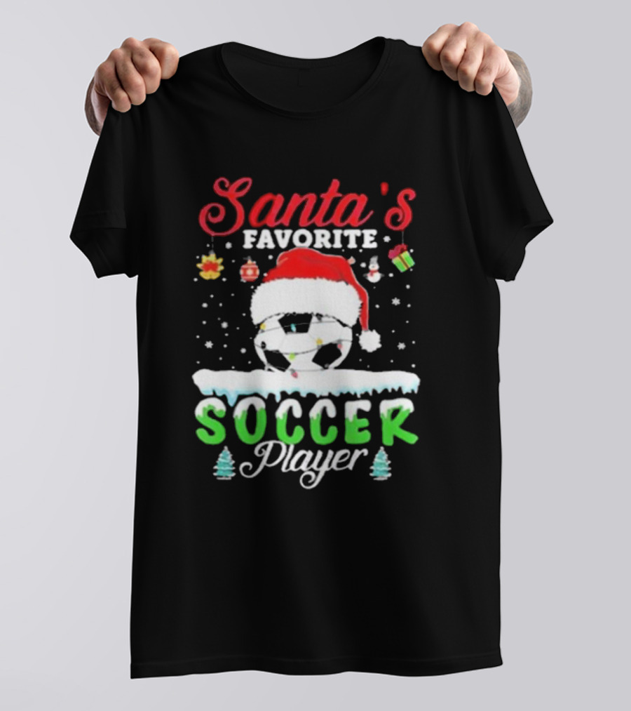 Santa's Favorite Soccer Player Christmas Football Soccer Ball Santa Hat Snowflakes T-Shirt