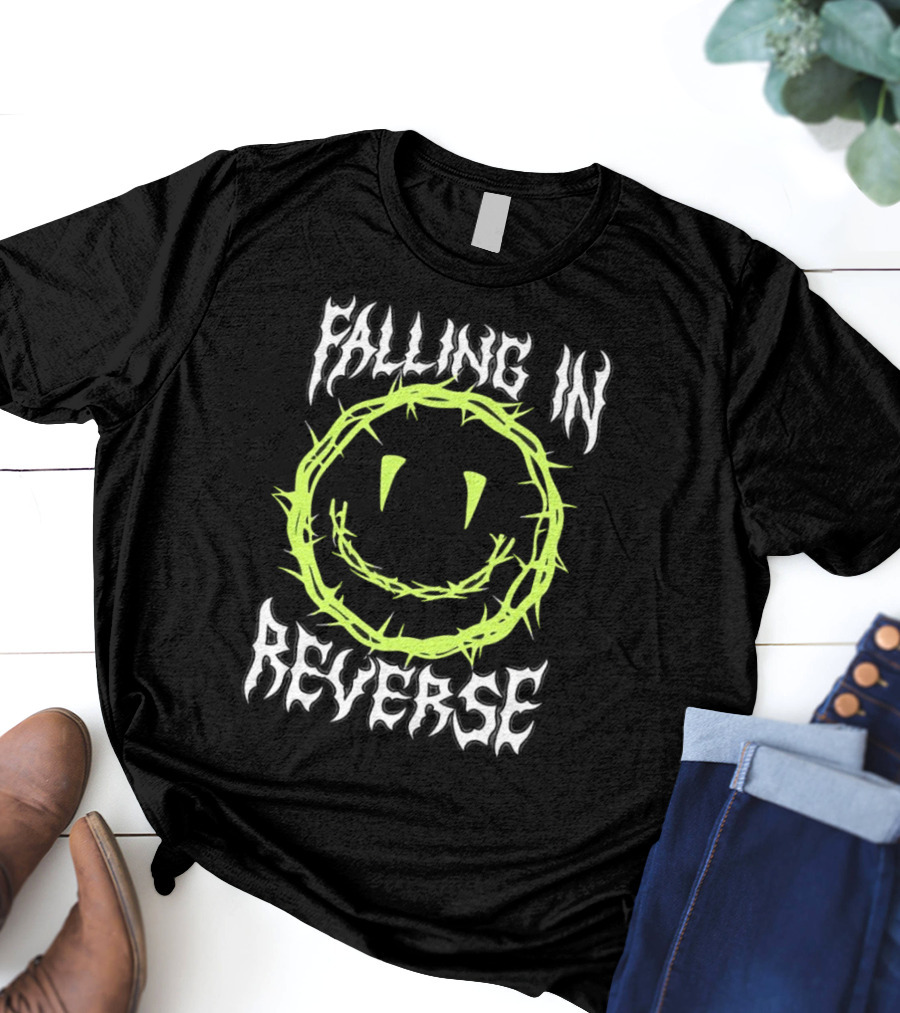 Falling In Reverse Smiley Face With Green Thorn Outline T-Shirt