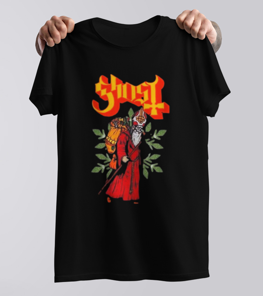 Ghost Papa Noel Glitter Leaf Santa Clausal Graphic Red Robe Relaxed Fit Girls T-Shirt
