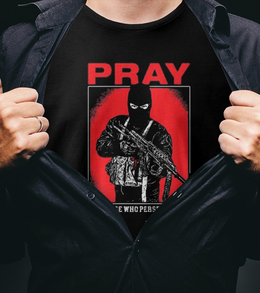 Ritualprintslc Shayne Smith Pray For Those Who Persecute You Masked Figure With Rifle In Red And Black T-Shirt