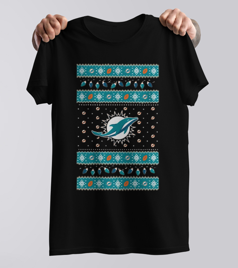 Miami Dolphins NFL Holiday Lights Ugly Sweater Christmas Football T-Shirt