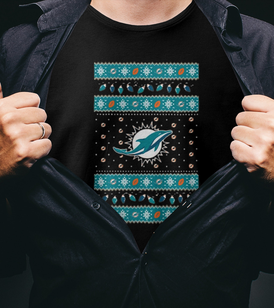 Miami Dolphins NFL Holiday Lights Ugly Sweater Christmas Football T-Shirt