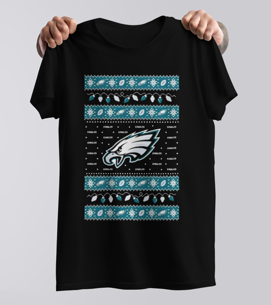 Philadelphia Eagles NFL Holiday Lights Ugly Sweater Christmas Eagles Logo Pattern T-Shirt